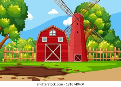 Farm Scene Nature Barn Windmill Illustration Stock Vector (Royalty Free ...