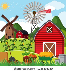 Farm scene with red barn illustration