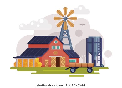 Farm Scene with Red Barn, Windmill Water Pump and Tractor, Summer Rural Landscape, Agriculture and Farming Concept Cartoon Vector Illustration