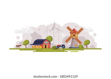 Escenario agrícola con granero rojo, turbinas eólicas y de viento, paisaje rural de verano, agricultura y agricultura Concepto Vector de dibujos animados Ilustración