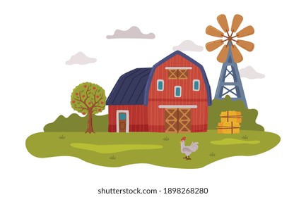 Farm Scene with Red Barn and Windmill, Agriculture, Gardening and Farming Concept Cartoon Style Vector Illustration