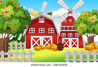 Farm scene with red barn and windmill illustration
