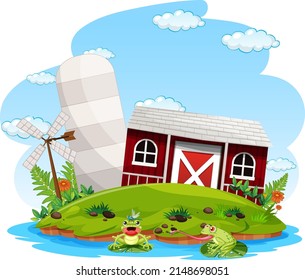 Escenario agrícola con granero rojo y ilustración de molino de viento