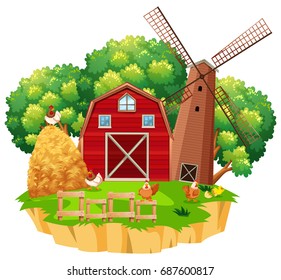 Farm scene with red barn and wooden windmill illustration