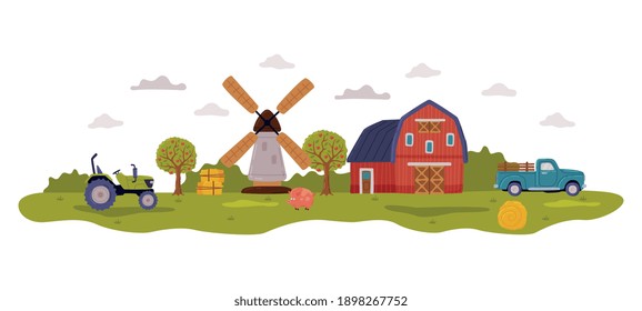 Farm Scene with Red Farmhouse, Tractor and Windmill, Agriculture, Gardening and Farming Concept Cartoon Style Vector Illustration