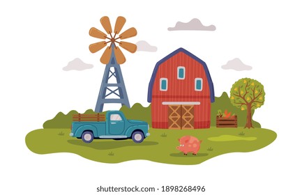 Escena de granja con casa de campo roja, Tractor y molino de viento, agricultura, jardinería y agricultura Concepto de dibujos animados Ilustración vectorial