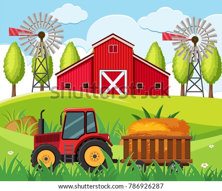Farm scene with red tractor and barn on the hills illustration