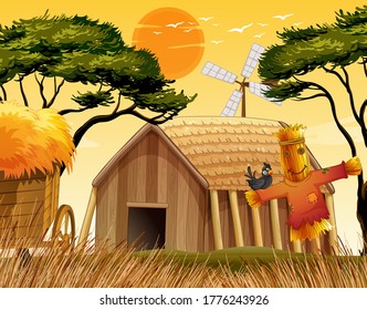Farm scene with scarecrow and barn illustration