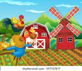 Farm scene with scarecrow and chickens illustration