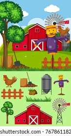 Farm scene with scarecrow and other elements illustration