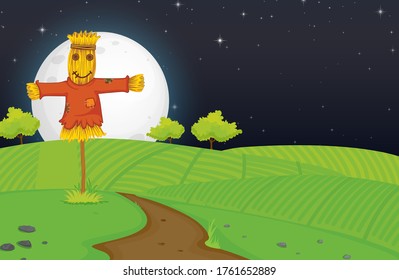 Farm scene with scarerow and big moon at night illustration