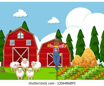 Farm scene with sheep illustration