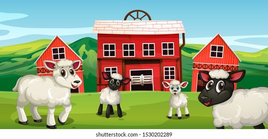Farm scene with sheep illustration