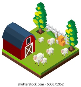 Farm scene with sheeps in 3D design illustration