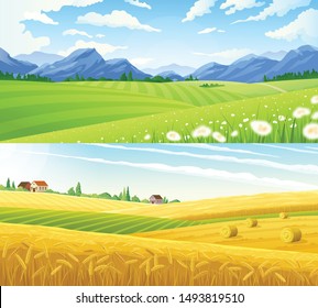 Farm scene summer rural landscape set of two horizontal banners with panoramic scenery of wheat lands vector illustration