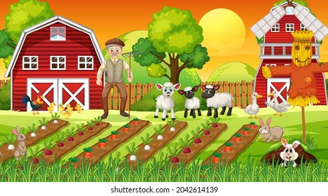 Farm scene at sunset with old farmer man and cute animals illustration