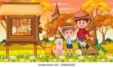 Farm scene at sunset time with many kids cartoon character and farm animals illustration