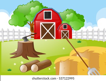 Farm scene with tools in the field illustration