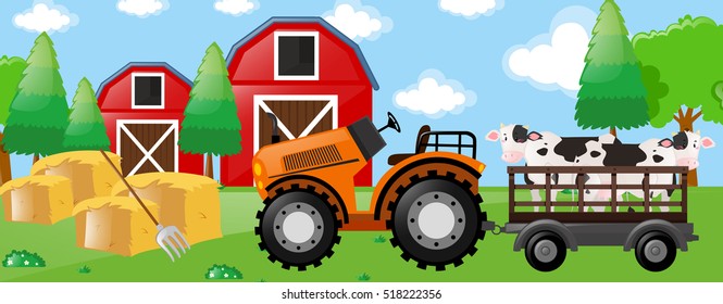Farm scene with tractor and cows