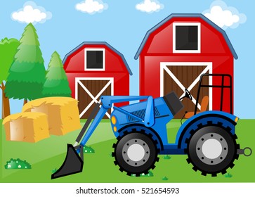 Farm scene with tractor on the field illustration