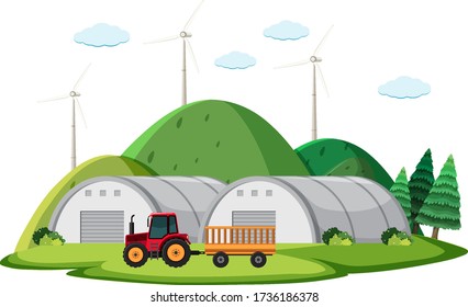 Farm scene with two big storage house and tractor on the farm illustration