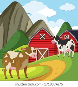 Farm scene with two cows and red barns on the farm illustration
