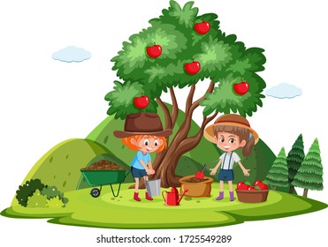 Farm scene with two girls picing apples illustration