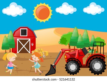 Farm scene with two girls playing in field illustration