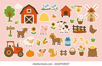 A farm scene with a variety of farm animals and farm equipment. The animals include a horse, a cow, a pig, a chicken, and a goat. The farm equipment includes a tractor, a barn, and a windmill