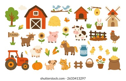 A farm scene with a variety of animals and farm equipment. Scene is cheerful and playful, with the animals and farm equipment depicted in a whimsical and colorful way