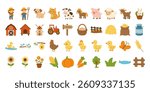 A farm scene with a variety of farm animals and farm objects.