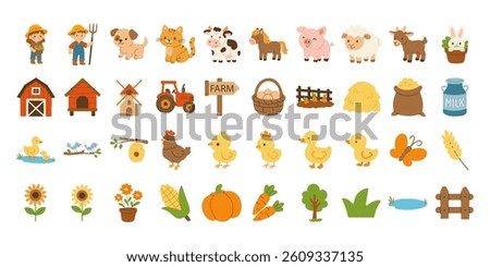 A farm scene with a variety of farm animals and farm objects.