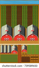 Farm scene with vegetable field and barns illustration