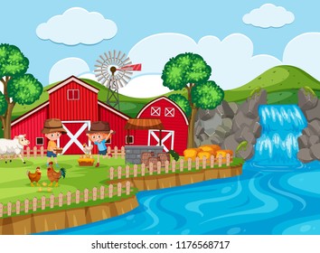 farm scene with waterfall illustration