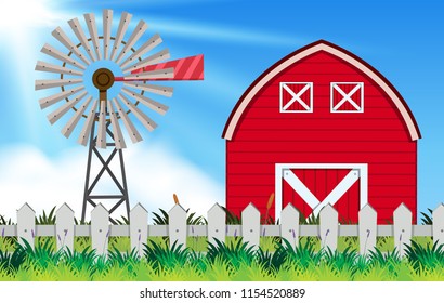 farm scene with windmill and barn  illustration