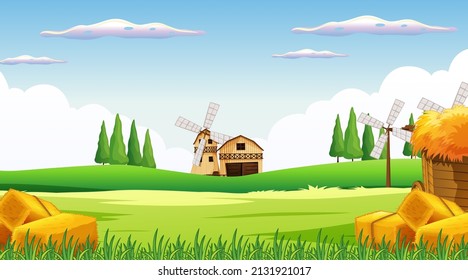 Farm scene with windmill and barn illustration