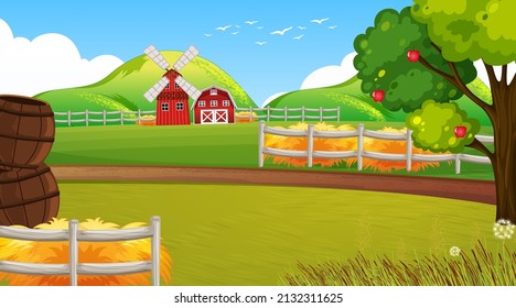 Escena de la granja con ilustración de molino de viento y granero