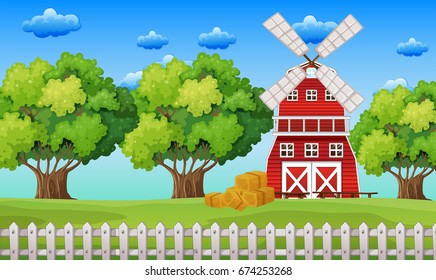 Farm scene with windmill in the field illustration