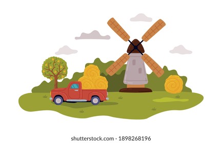 Farm Scene with Windmill and Pickup Car, Summer Rural Landscape, Agriculture, Gardening and Farming Concept Cartoon Style Vector Illustration