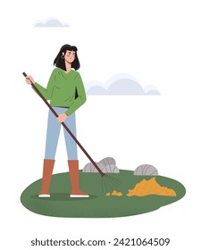 Farm scene worker concept. Woman with rakes and orange leaves. Countryside and rural scene. Young girl at field. Poster or banner. Cartoon flat vector illustration isolated on white background