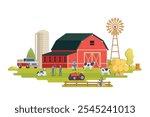 Farm scenery vector illustration on white background. Livestock animal farm landscape with farming elements.