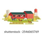 Farm scenery vector illustration on white background. Livestock animal farm landscape with farming elements.