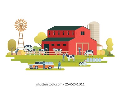 Farm scenery vector illustration on white background. Livestock animal farm landscape with farming elements.