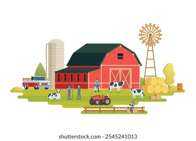 Ilustração do vetor da paisagem da fazenda no fundo branco. Paisagem de criação de animais com elementos agrícolas.