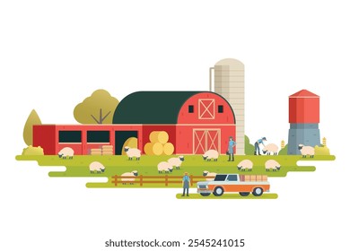 Farm scenery vector illustration on white background. Livestock animal farm landscape with farming elements.