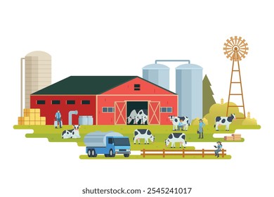 Ilustração do vetor da paisagem da fazenda no fundo branco. Paisagem de criação de animais com elementos agrícolas.