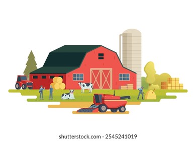 Farm scenery vector illustration on white background. Livestock animal farm landscape with farming elements.