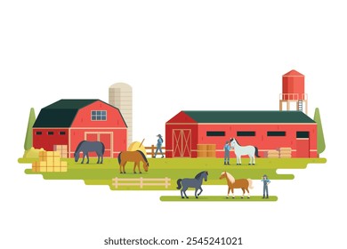 Farm scenery vector illustration on white background. Livestock animal farm landscape with farming elements.