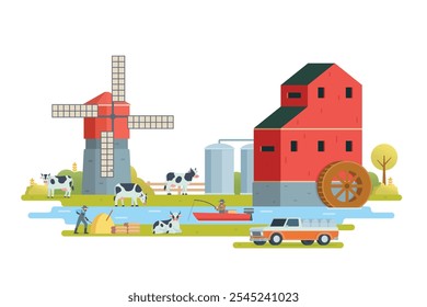 Farm scenery vector illustration on white background. Livestock animal farm landscape with farming elements.