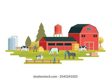 Ilustração do vetor da paisagem da fazenda no fundo branco. Paisagem de criação de animais com elementos agrícolas.